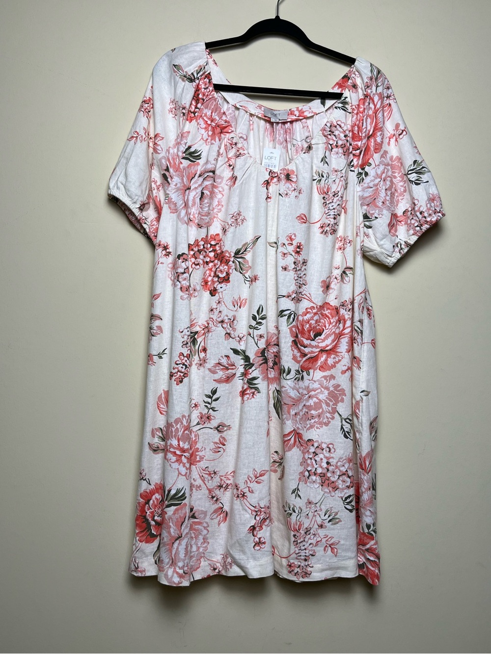 LOFT Floral Puff Sleeve Linen Shift Dress Pink Women’s Size L Romantic Feminine